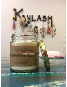 Velas con cristales de onix, cuarzo rosa, amatista, citrino, amazonita y muchas más